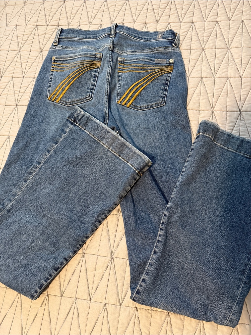 7 For All Mankind Blue Denim Wide-Leg Jeans with Yellow Pocket Stitching